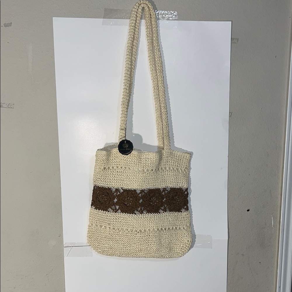 Chic Cream and Brown Crochet Shoulder Bag